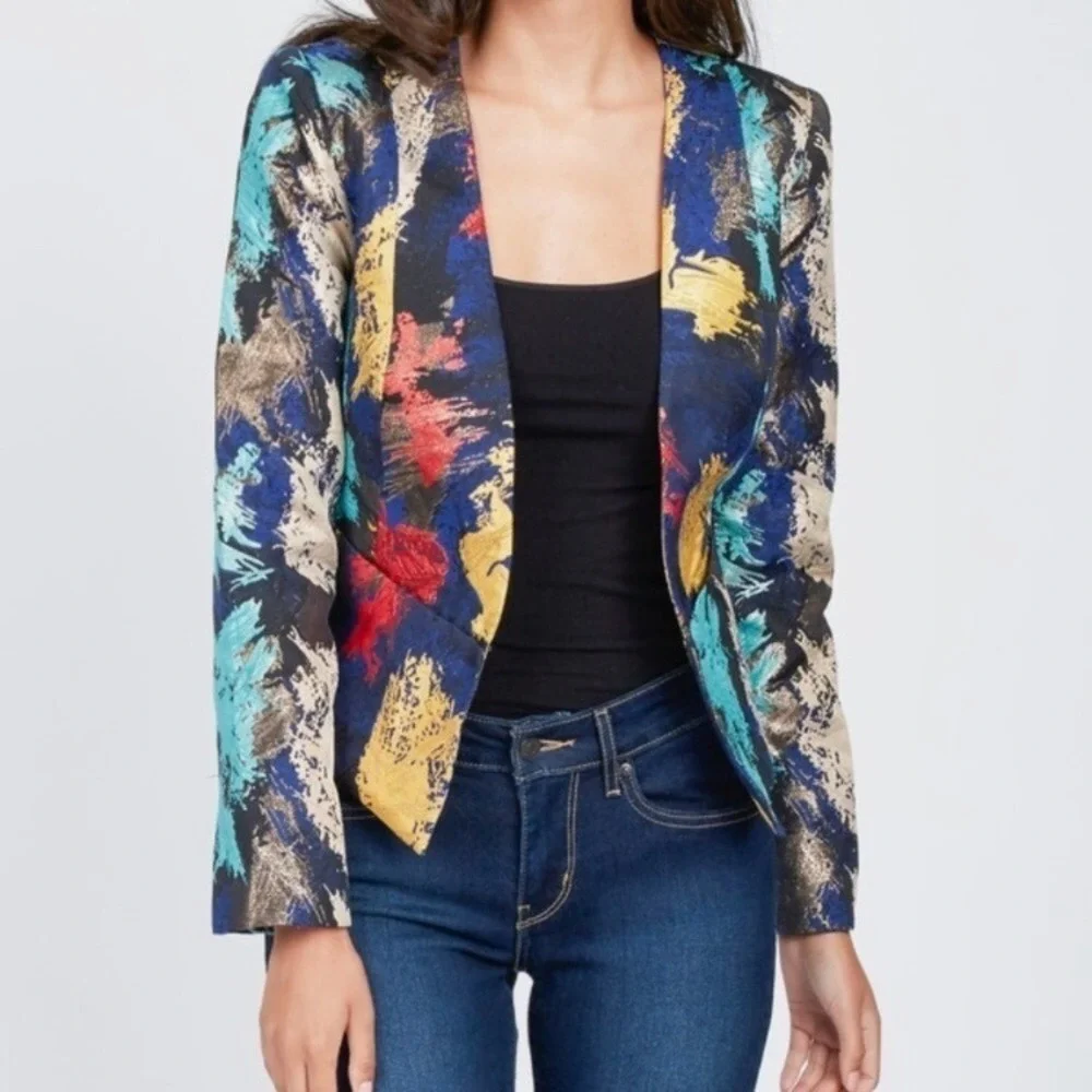 Jealous Tomato Women's‎ Abstract Metallic Brocade Open Front Blazer Multi Size S